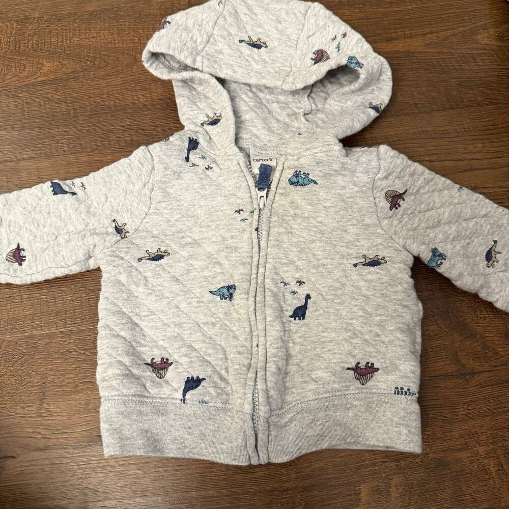 Carter’s Dino Zip Hoodie 6 Months Baby Boy Gray Quilted